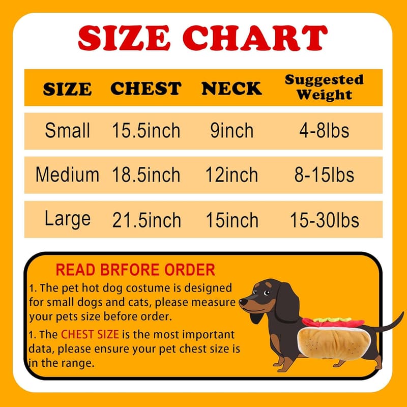 Funny Dog Hot Dog Costume for XS to Medium Pets