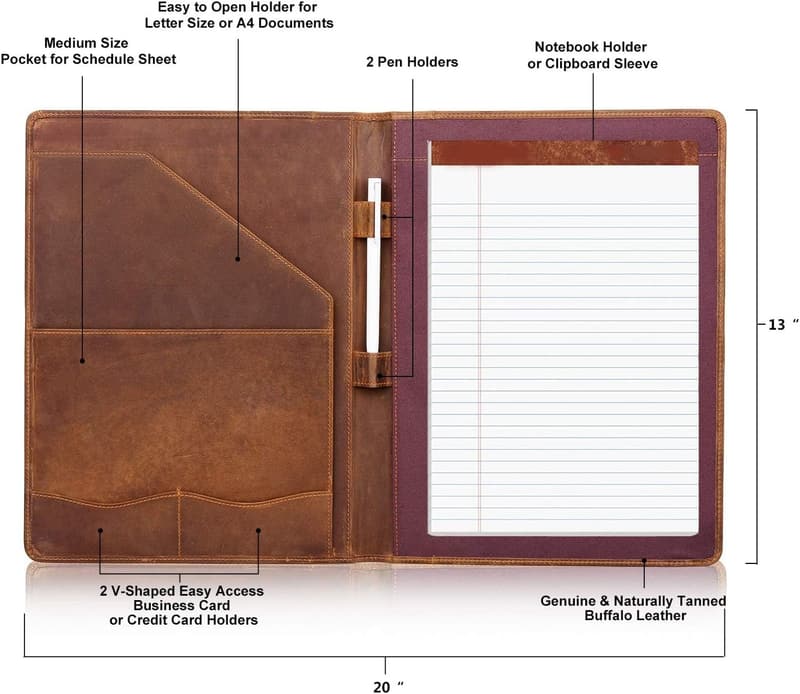 Professional Leather Padfolio Organizer for Men & Women - Russet Brown