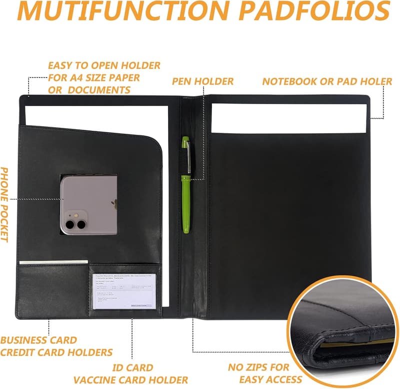 Business Leather Portfolio Organizer for Men and Women (Black)