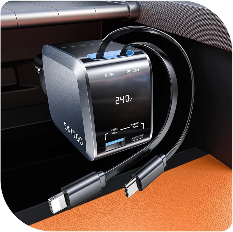 72W Fast Charging USB C Car Charger with Retractable Cables