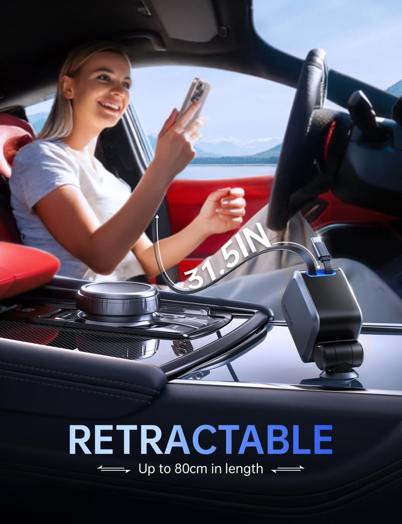 72W Fast Charging USB C Car Charger with Retractable Cables