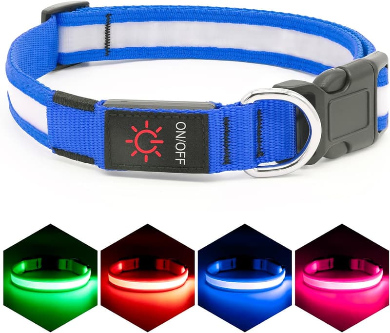 LED Dog Collar - Adjustable, USB Rechargeable, Medium, Blue