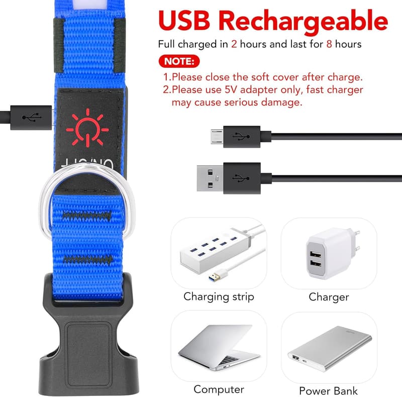 LED Dog Collar - Adjustable, USB Rechargeable, Medium, Blue
