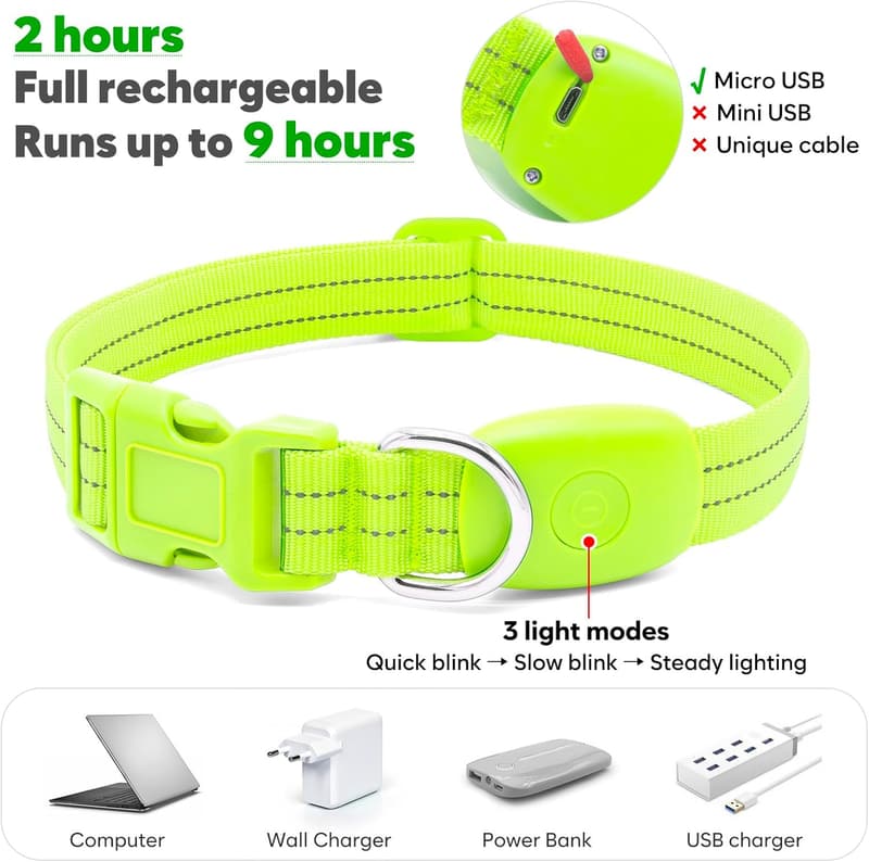 LED Rechargeable Reflective Dog Collar for Safe Night Walks - Green