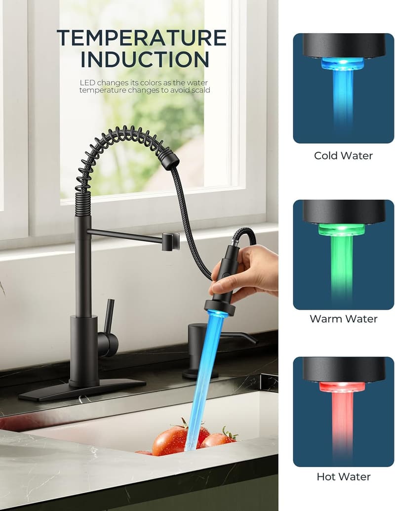 Modern Black LED Kitchen Faucet with Pull Down Sprayer