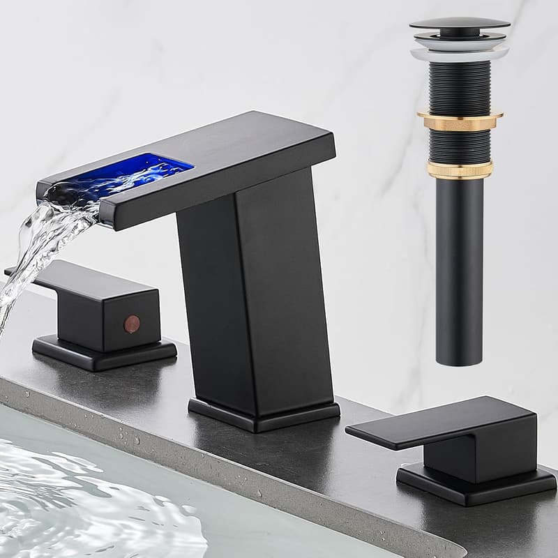 Matte Black LED Waterfall Bathroom Faucet - 8 Inch Widespread