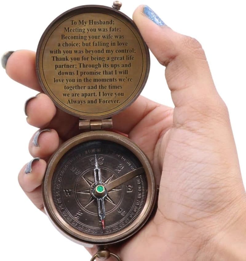 Romantic Engraved Brass Compass for Husband's Anniversary