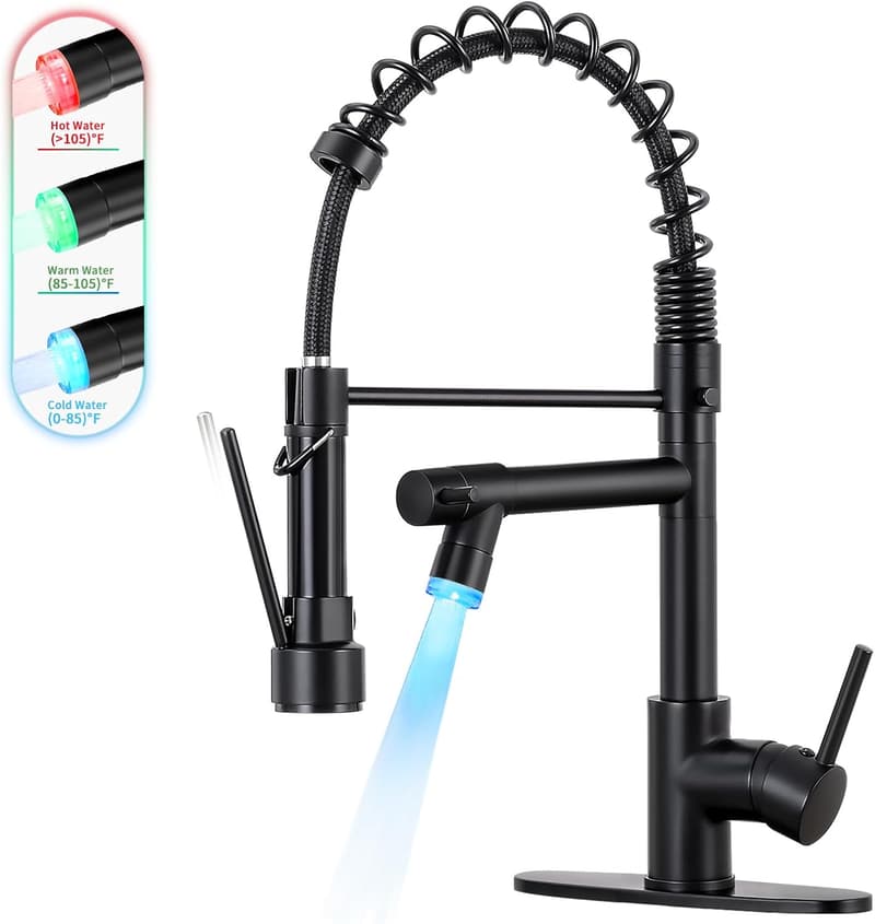 Matte Black Kitchen Sink Faucet with LED Light & Pull Down Sprayer