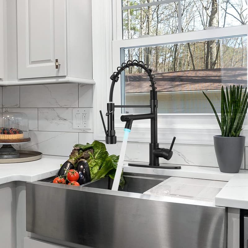 Matte Black Kitchen Sink Faucet with LED Light & Pull Down Sprayer
