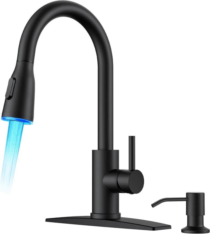 Matte Black LED Kitchen Faucet with Soap Dispenser & Sprayer