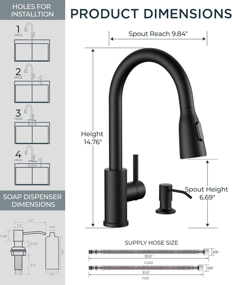 Matte Black LED Kitchen Faucet with Soap Dispenser & Sprayer