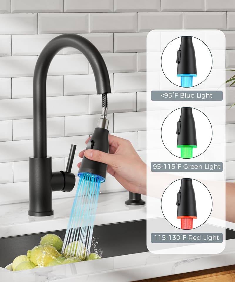 Matte Black LED Kitchen Faucet with Soap Dispenser & Sprayer
