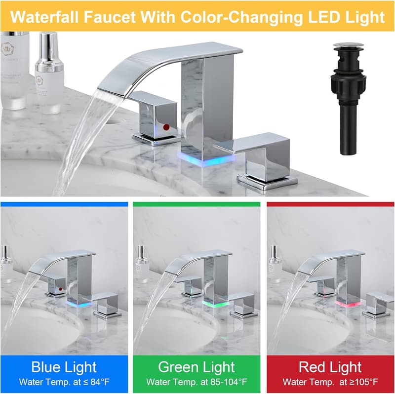Modern Chrome 3-Hole LED Waterfall Bathroom Faucet