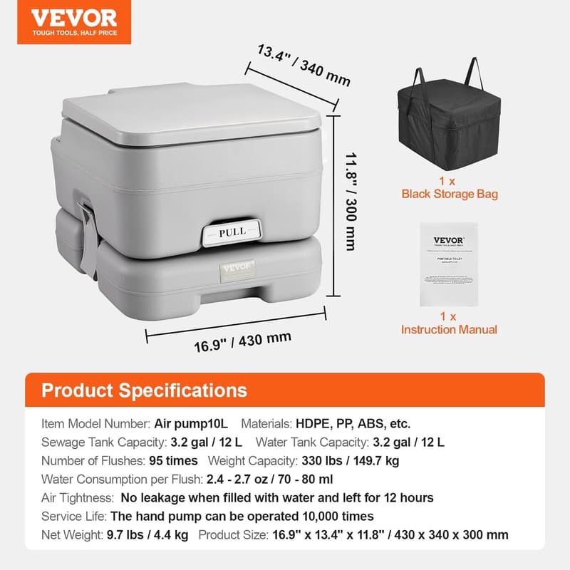 Portable Camping Toilet with 3.2 Gal Pressurized Flush