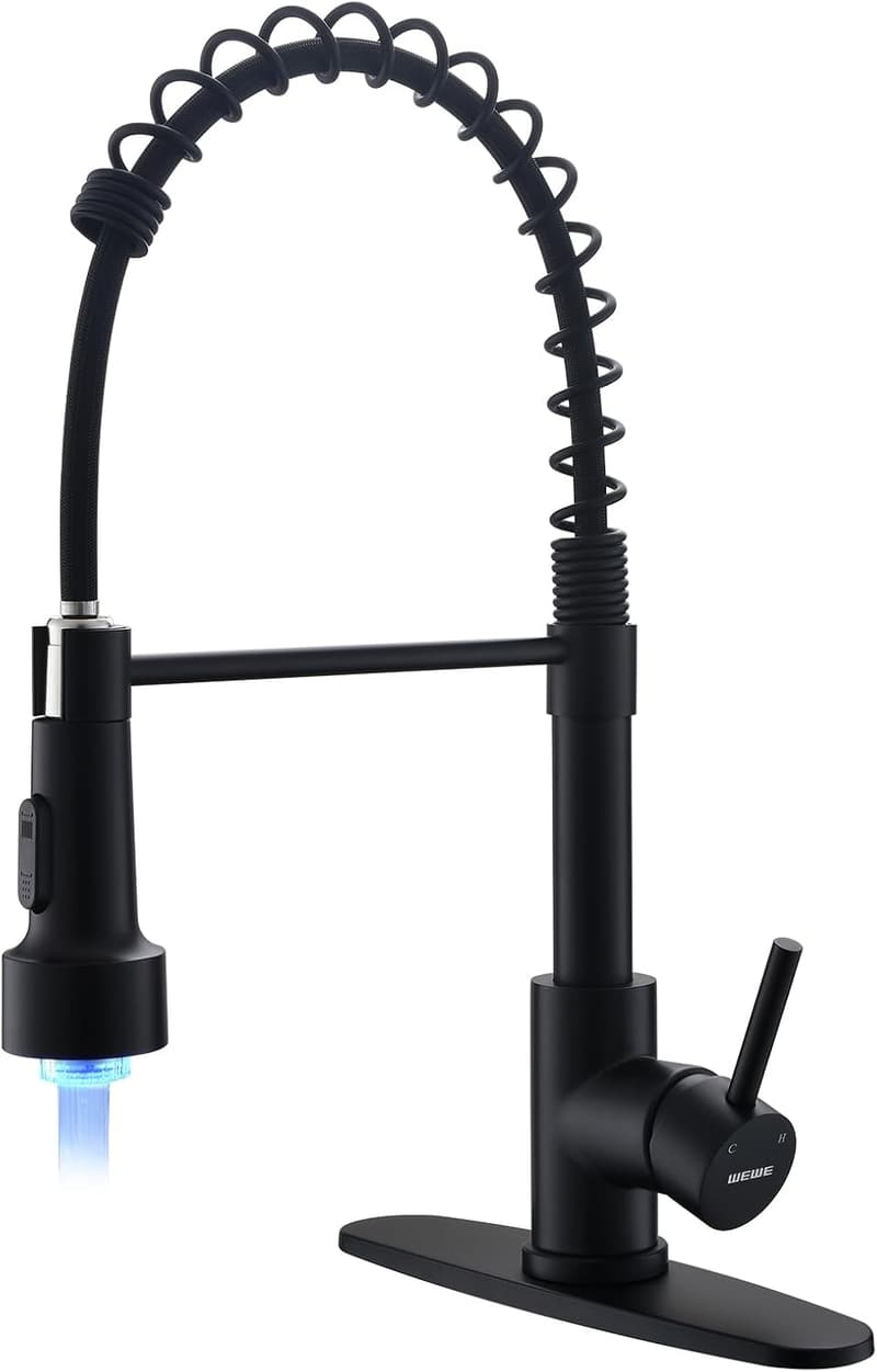 Matt Black Kitchen Faucet with LED Light & Pull Down Sprayer
