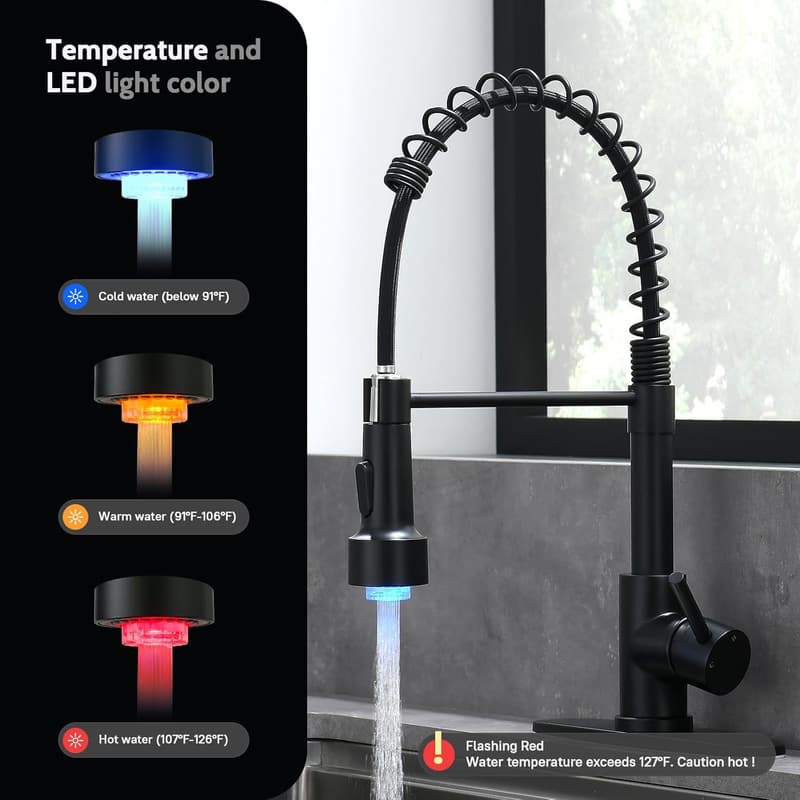 Matt Black Kitchen Faucet with LED Light & Pull Down Sprayer