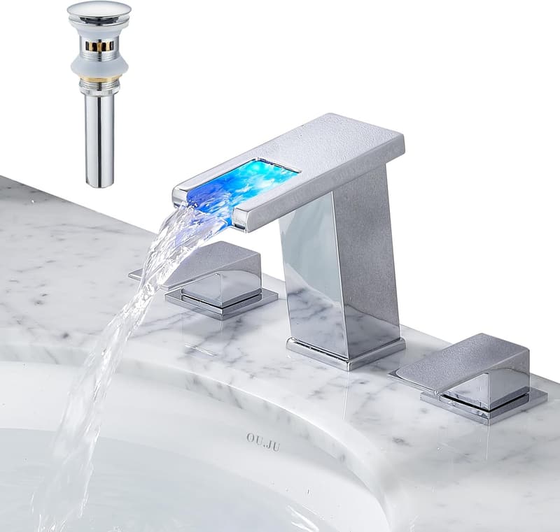 8-Inch Chrome LED Waterfall Bathroom Faucet with Drain