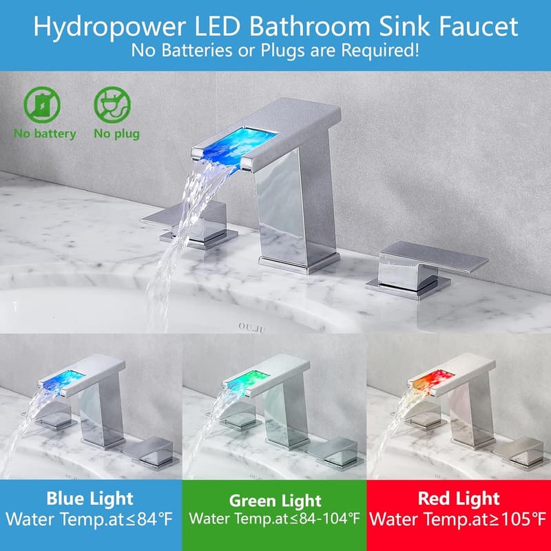 8-Inch Chrome LED Waterfall Bathroom Faucet with Drain