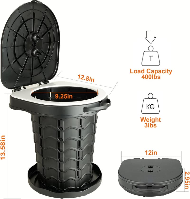Foldable Portable Camping Toilet, Height Adjustable, 400lbs Capacity