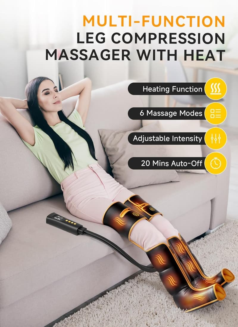 Leg Compression Massager with Heat & Controller - Pain Relief