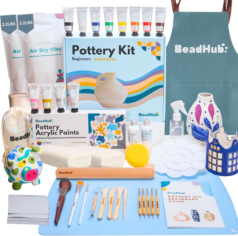 Beginners' Pottery Kit with Air-Dry Clay, Tools & Paint