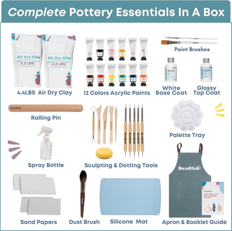 Beginners' Pottery Kit with Air-Dry Clay, Tools & Paint