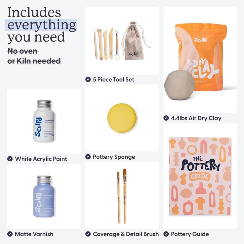 Air Dry Clay Pottery Kit for Beginners - Tools & Guide Included