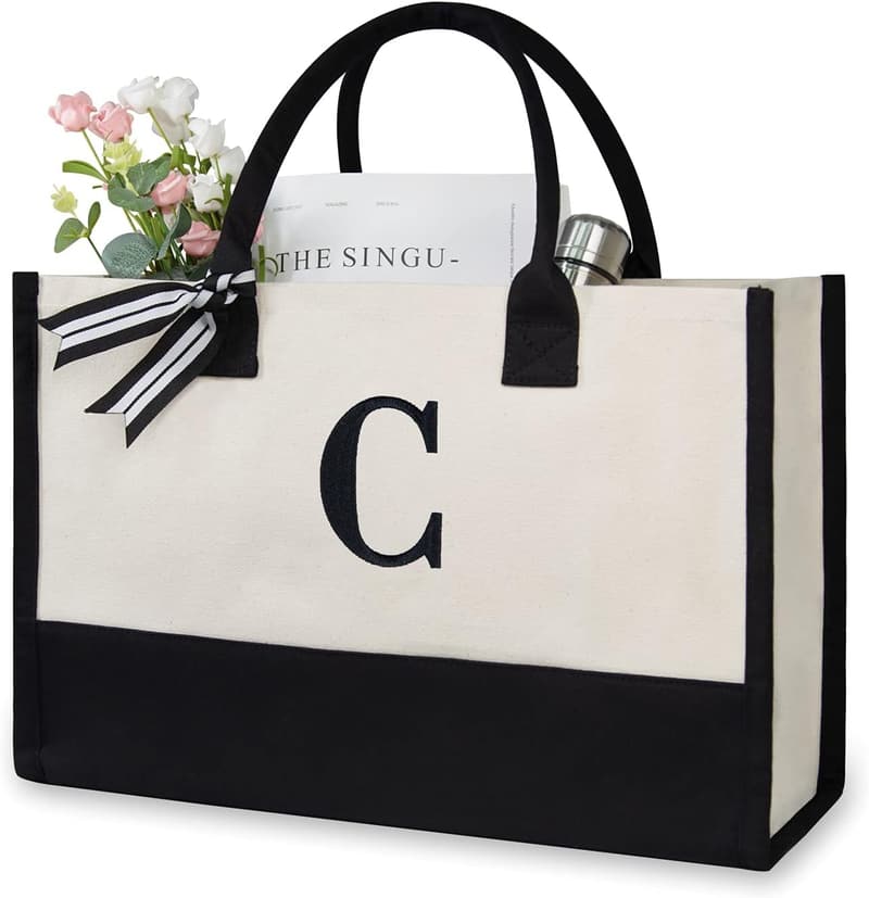 Personalized Initial Canvas Tote Bag for Women