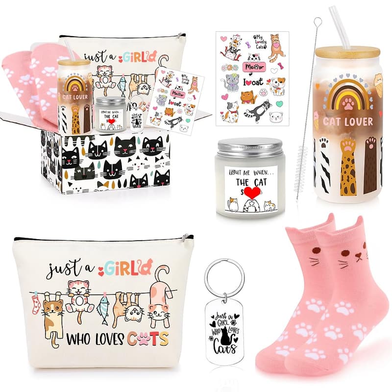 Cat Lover Makeup Bag & Glass Cup Gift for Women