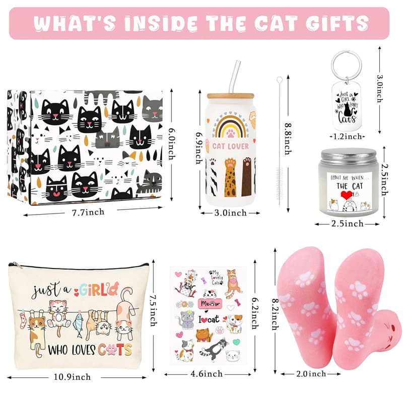 Cat Lover Makeup Bag & Glass Cup Gift for Women