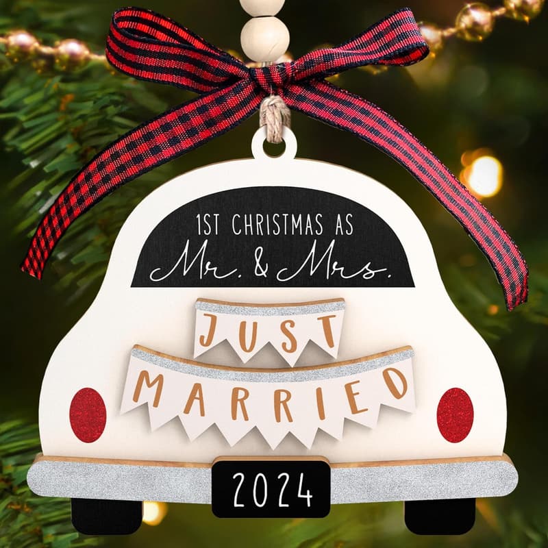 First Christmas Married 2024 Wooden Ornament for Couples