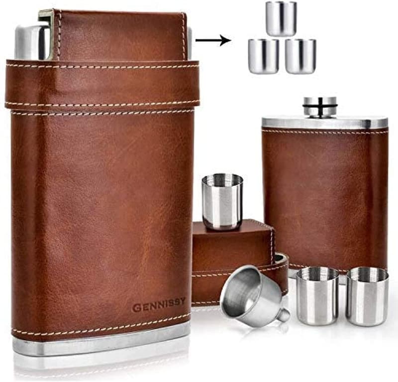 Brown Leather-Wrapped Stainless Steel Hip Flask Set for Dad