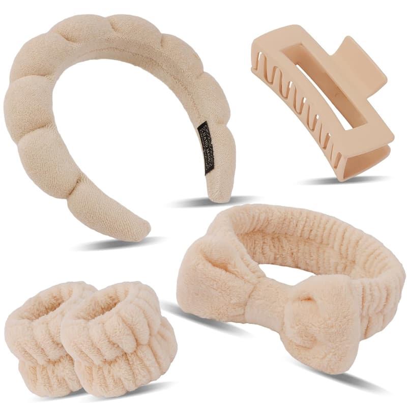 Spa Headband and Wristband Set with Hair Clips for Women