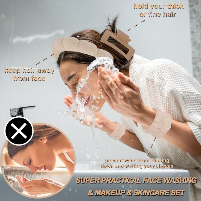 Spa Headband and Wristband Set with Hair Clips for Women