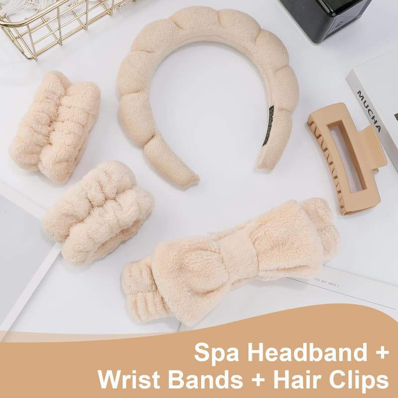 Spa Headband and Wristband Set with Hair Clips for Women
