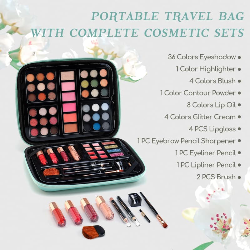 Teen Makeup Kit with 36 Colors Eyeshadow & Blush, Mint Green Bag