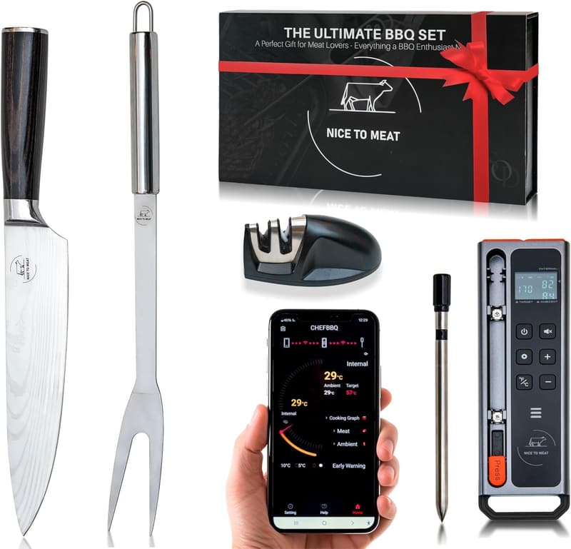 Wireless Digital Meat Thermometer Set with Chef Knife & Fork