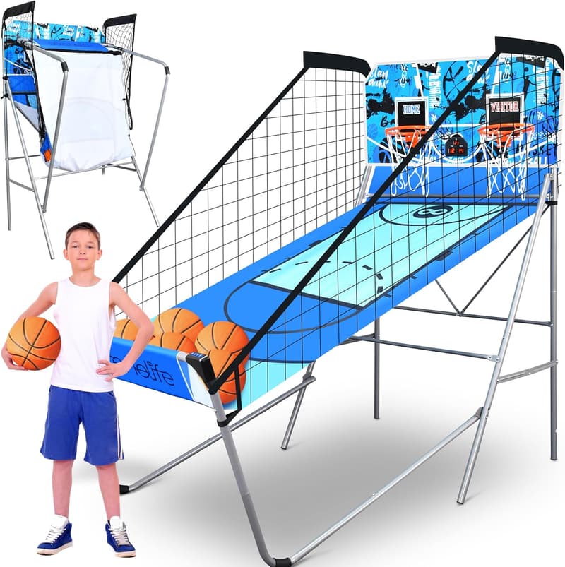 Indoor Basketball Game with Electronic Scoreboard and Dual Hoops