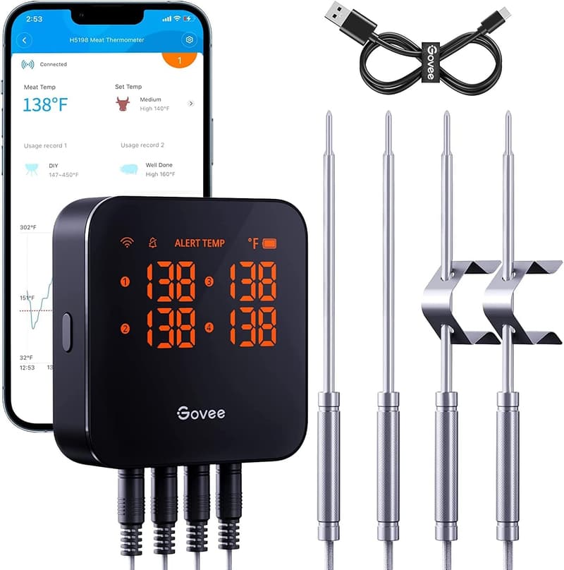 Smart WiFi Meat Thermometer with 4 Probes for BBQ & Grill