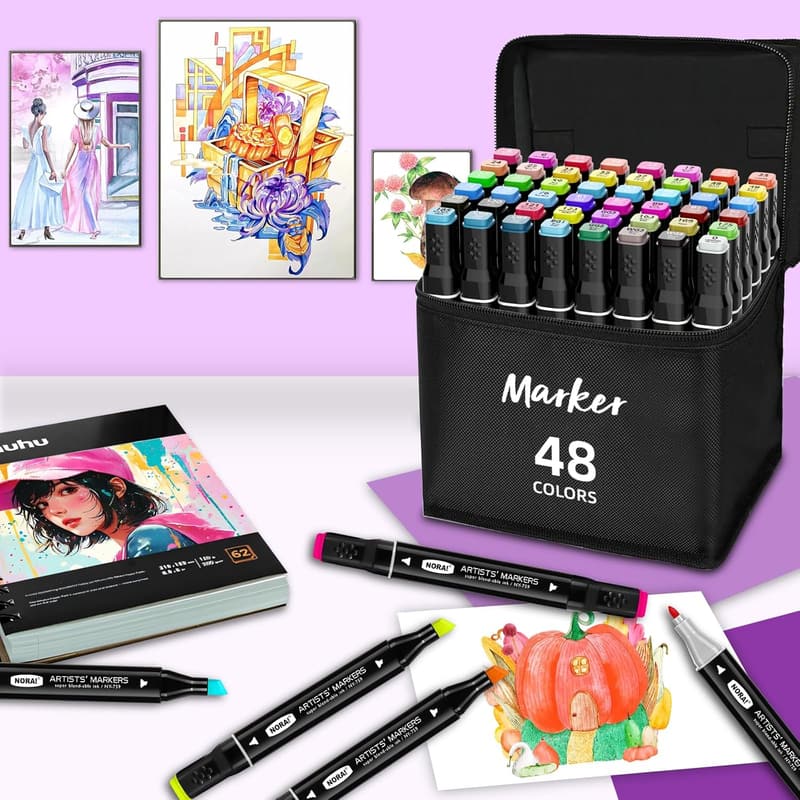 48-Color Dual Tip Alcohol Art Markers for Illustration & Card Making