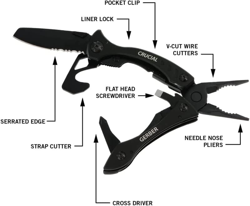 EDC Multitool Pocket Knife with Clip & Strap Cutter, Black
