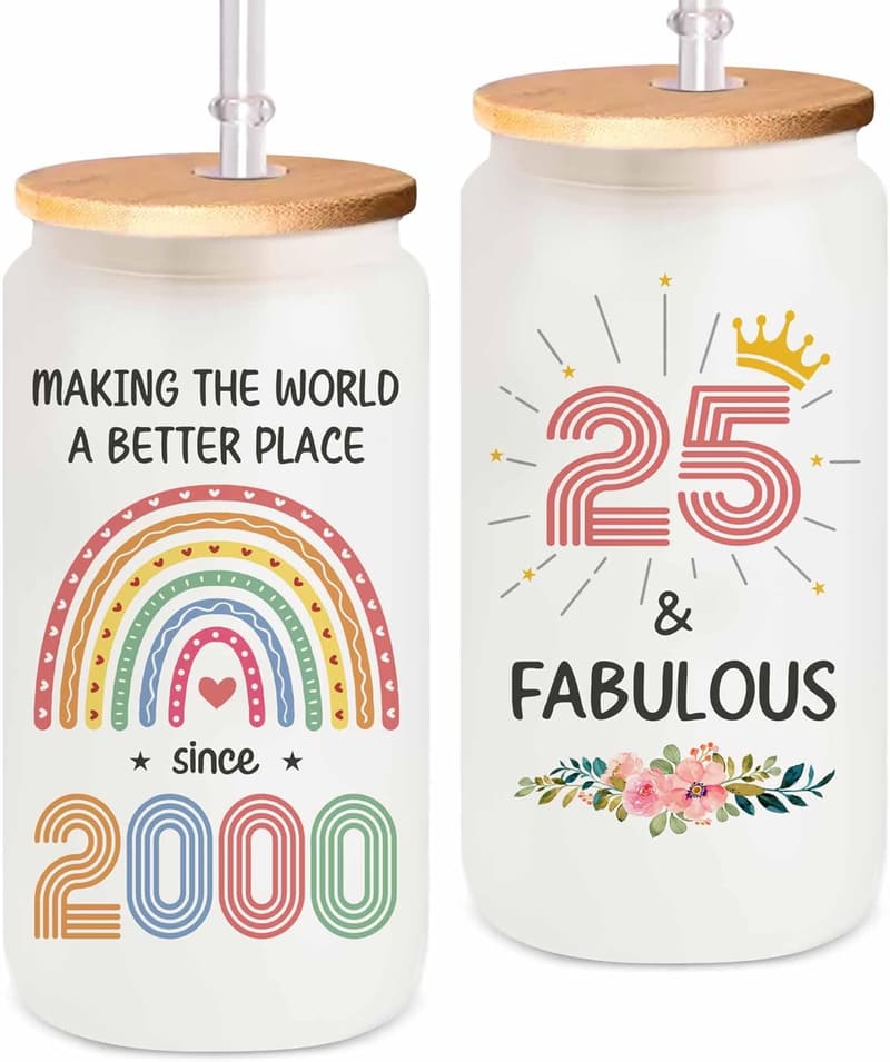 25th Birthday Coffee Glass with Bamboo Lid & Straw for Women