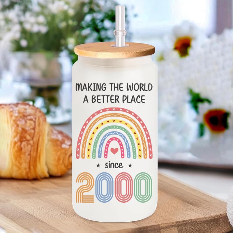 25th Birthday Coffee Glass with Bamboo Lid & Straw for Women