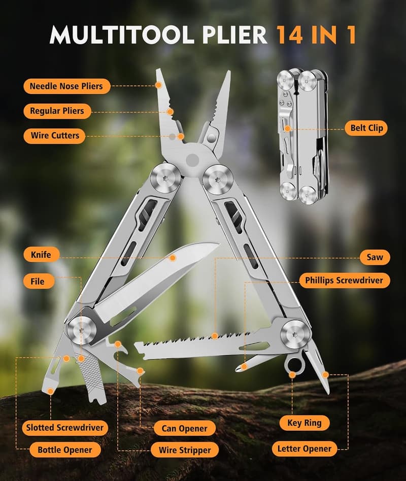 14-in-1 Stainless Steel Foldable Multitool for Camping & EDC
