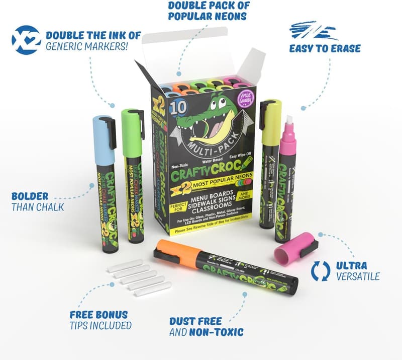 Neon Liquid Chalk Markers Set - 10 Pack for Blacklight Use