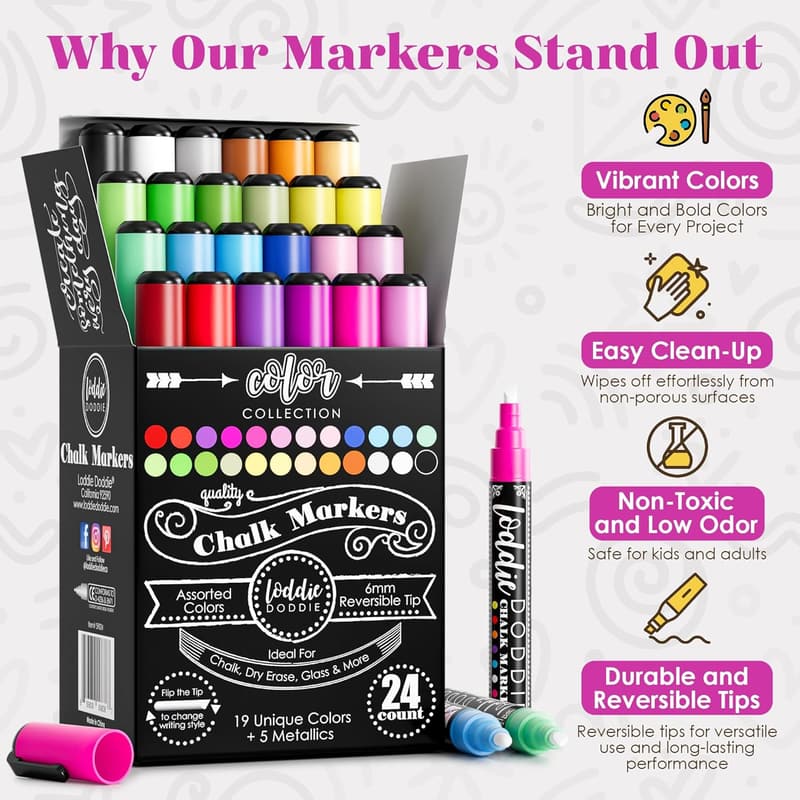 Liquid Chalk Markers (24-Pack) - Dust-Free Erasable Pens