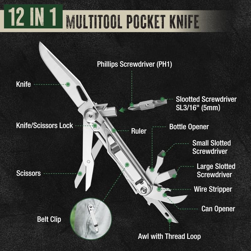12-in-1 Stainless Steel Multitool Pocket Knife with Pouch