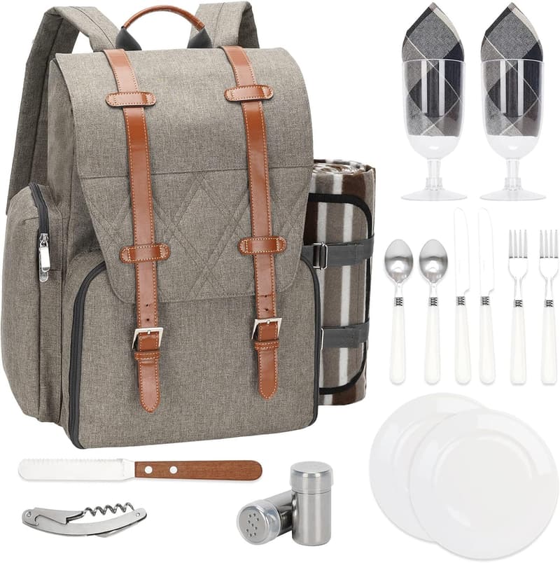 Picnic Backpack Set for 2 with Insulated Cooler & Blanket