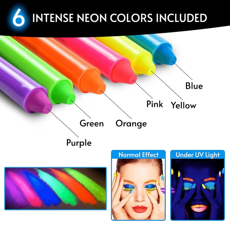 Glow in the Dark Crayons – 12 Pcs Neon UV Face & Body Paint