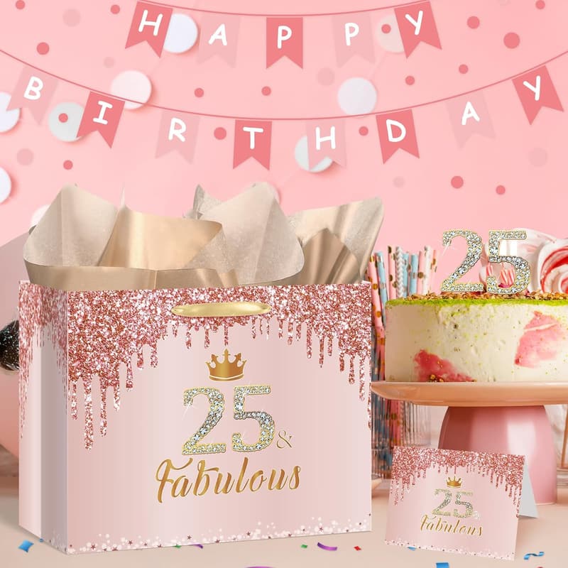 25th Birthday Gift Bag Set for Women - Rose Gold & Pink